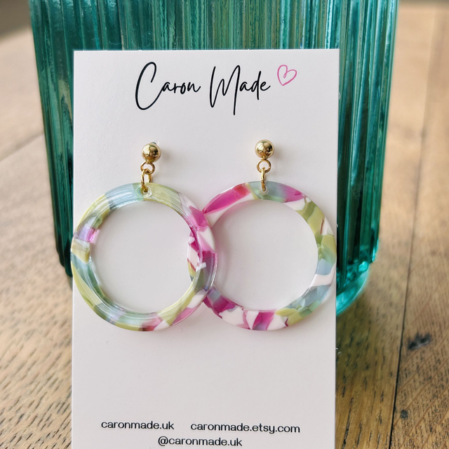 Pink and Green acrylic circle earrings
