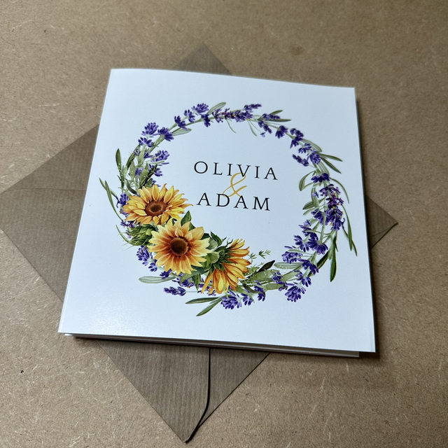 Sunflowers and lavender - square, tri-fold Wedding invitations - including guest information &amp; RSVP