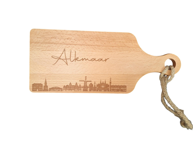 Beukenhouten borrelplank klein met Skyline Alkmaar