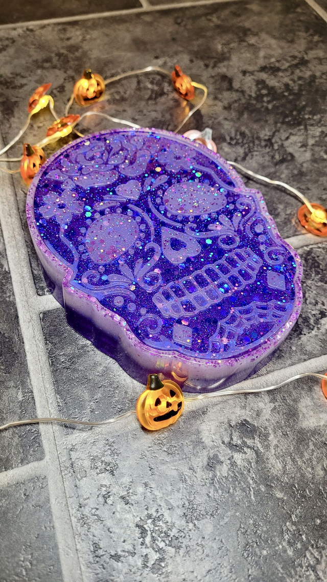 Mexican Death Skull Large Trinket Box - Purple Glitter Storage Dish