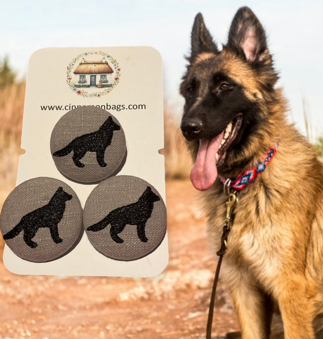 Embroidered linen covered buttons - German Shepherd Dog - full silhouette