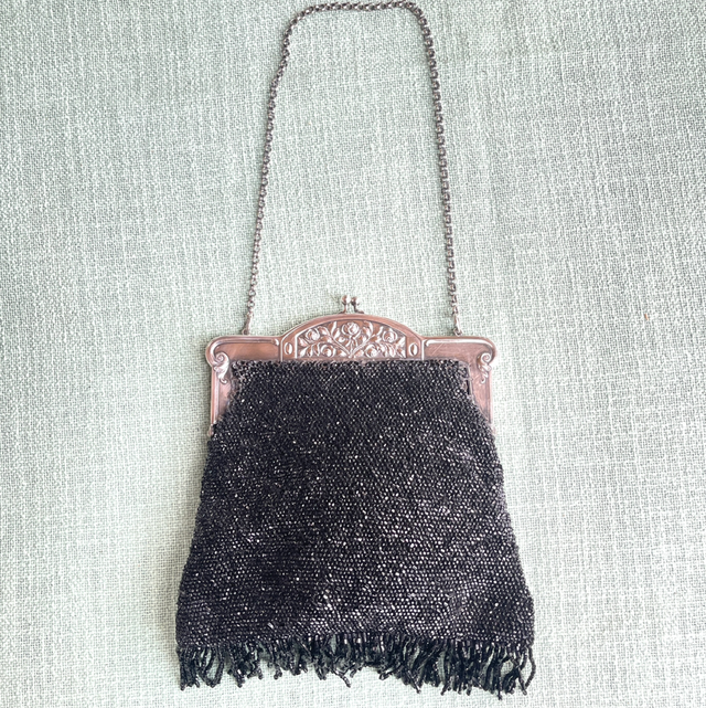 Jugendstil Tasche Abendtasche schwarze Perlen Silber gestempelt