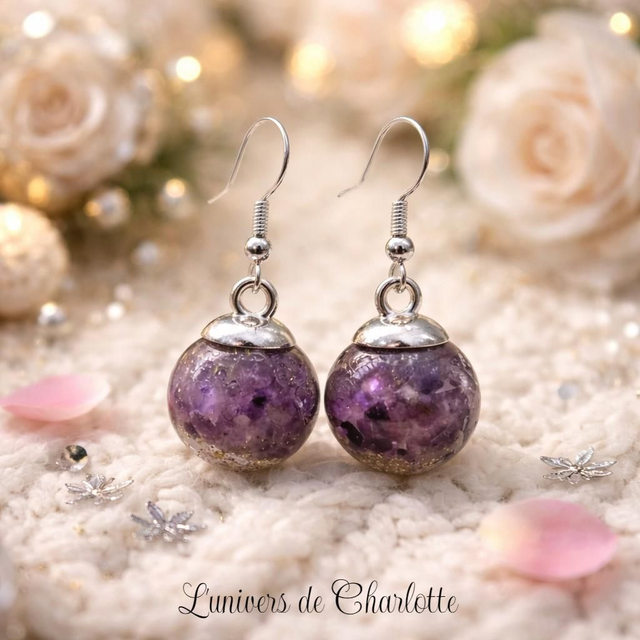 Boucles d'oreilles "Améthyste" boule de verre BO-204