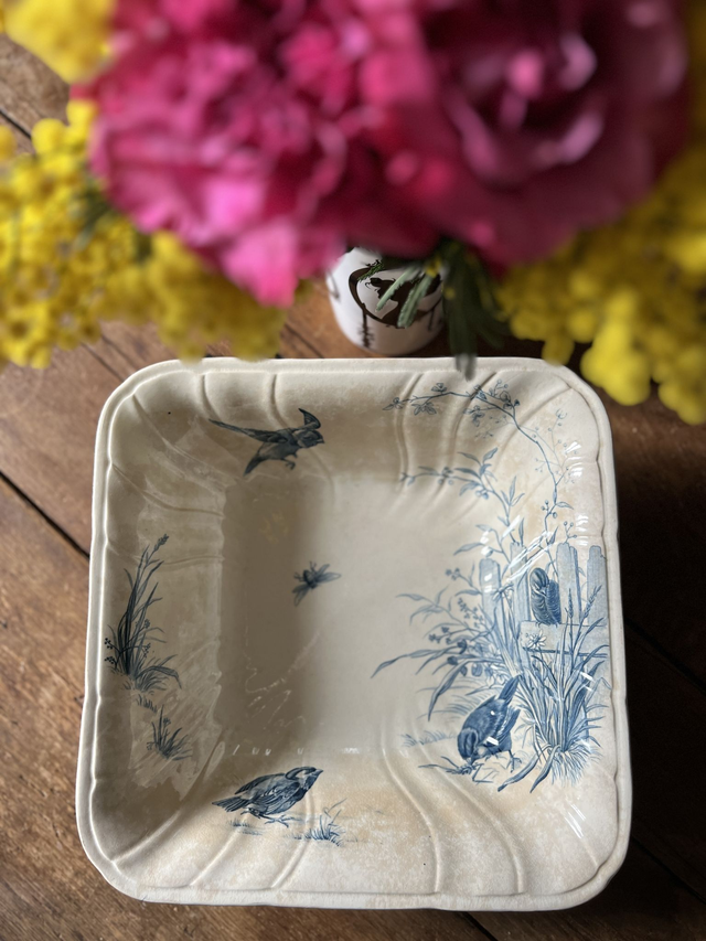PLAT AUX OISEAUX 5 - Spectaculaire et rare Grand Saladier Carré aux Oiseaux par la manufacture française de Gien - Terre de Fer