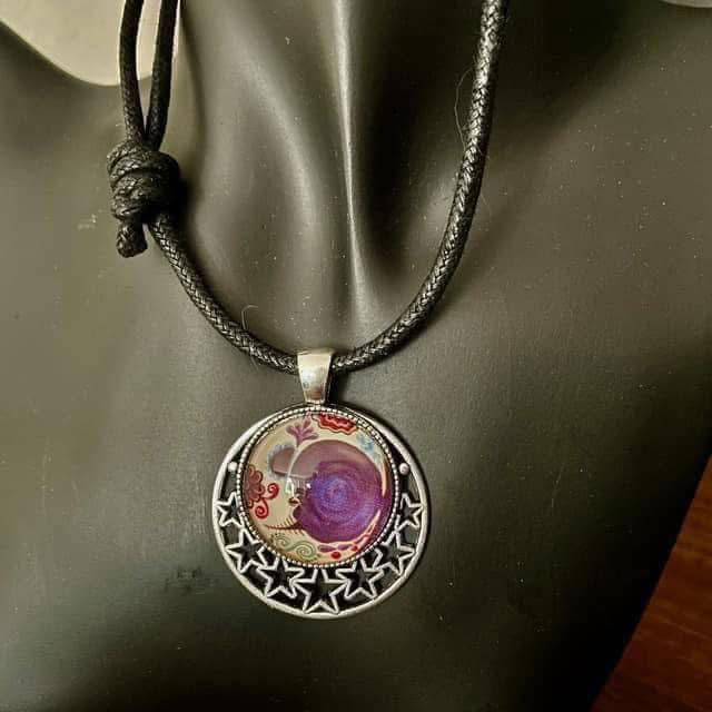 Glass moon pendant on thick adjustable long cord