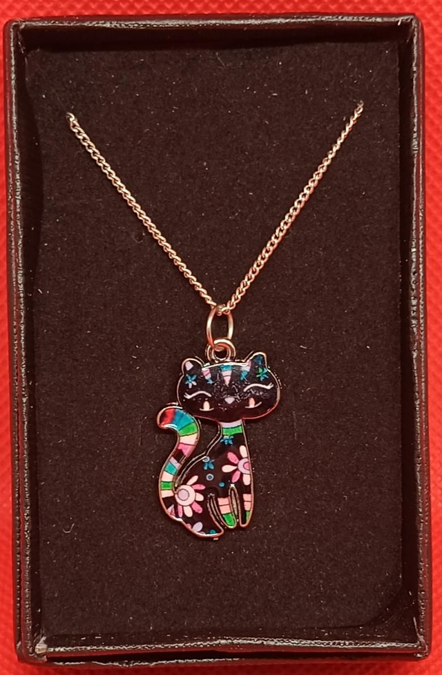 Enamel Black Cat Pendant Necklace.