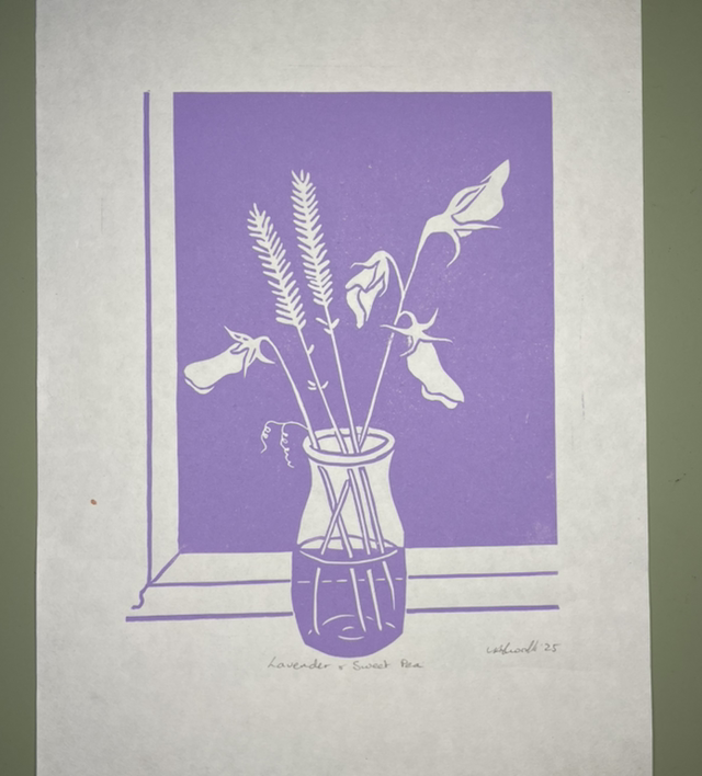 Lavender and Sweet Pea, Lino print in Lilac