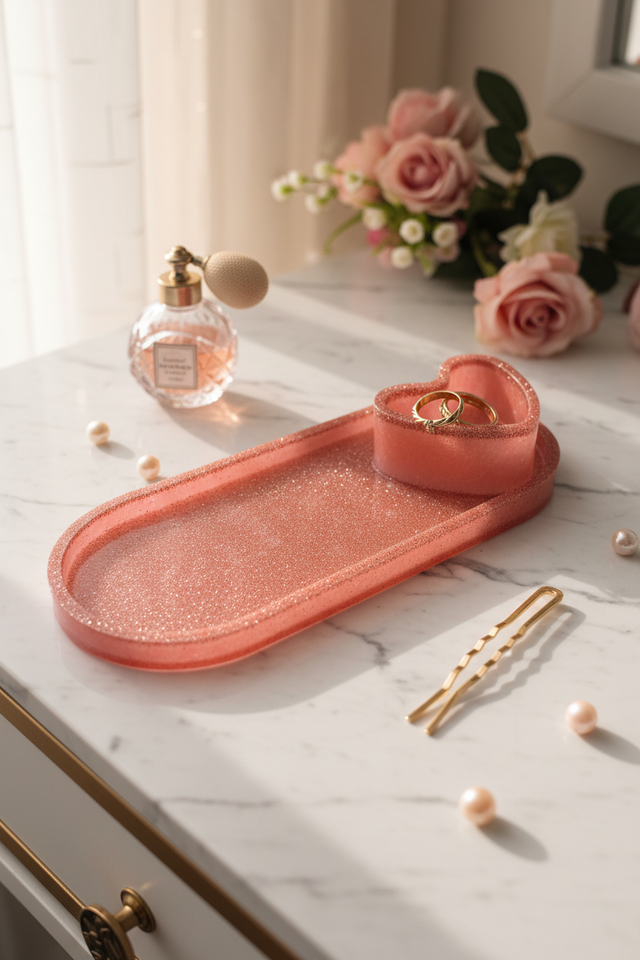 Plateau bijoux coeur - Rose pailleté