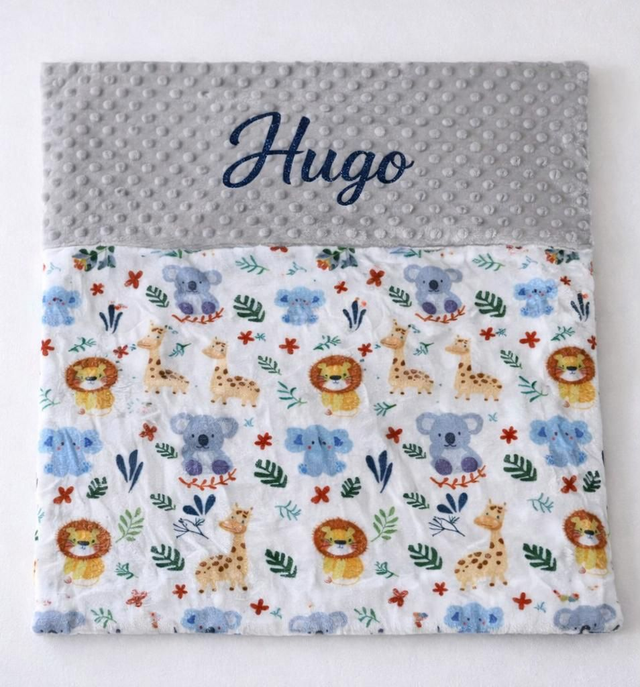 Couverture bébé personnalisée prénom – Minky gris &amp; polaire savane