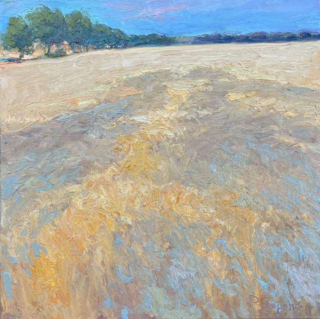 „Sonnenbeschienenes Spiel, Schatten der Pappeln“ – Öl auf Leinwand, 80 × 80 cm, 2023 | Sunlit Play, Shade of Poplars