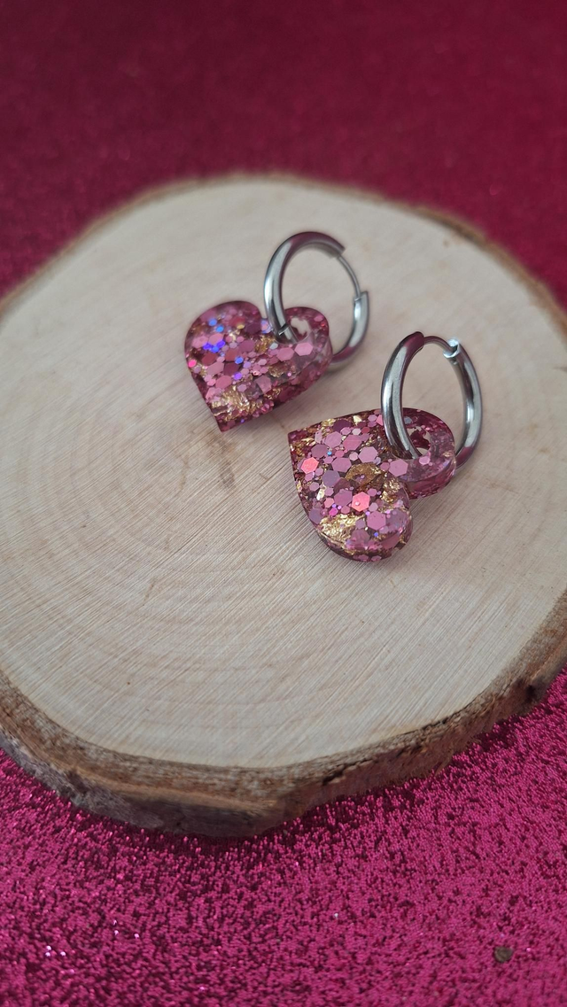 Créoles argentées cœurs paillettes roses et feuilles d&#039;or 