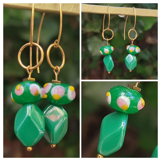 Z-Boucles d&#039;oreilles en verre , rose/vert en acier inoxydable doré -sans nickel -pièce unique 