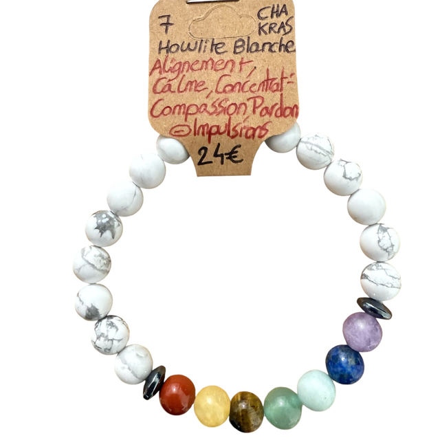 Bracelet 7 Chakras Howlite Blanche ~ 8 mm