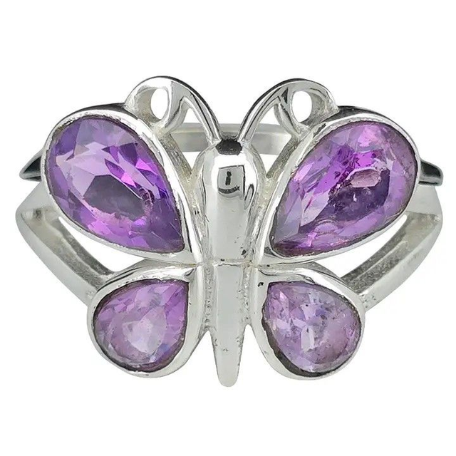 Bague Papillon en Argent Sterling avec Améthyste Facettée T58