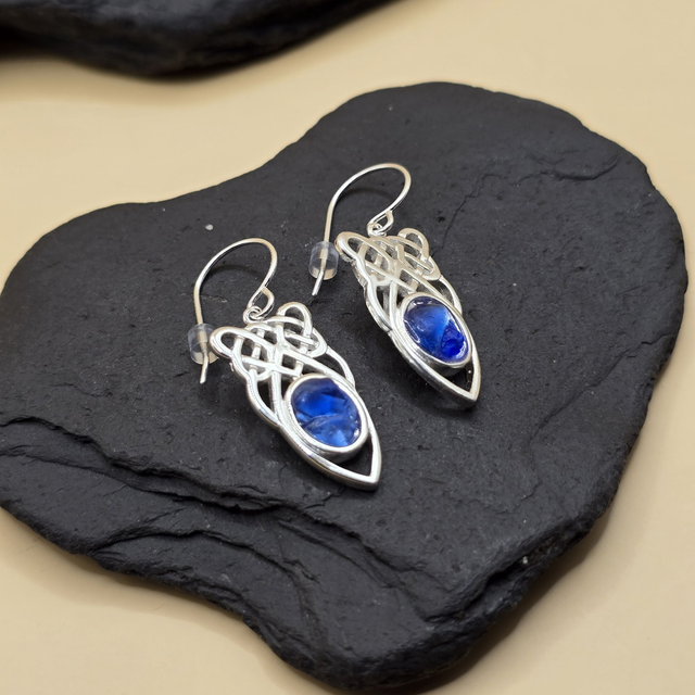 925 Celtic Knot Earrings – Blue Seaglass (Large Dangle)