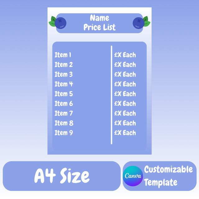 Blueberry Artist Vending Price List Template