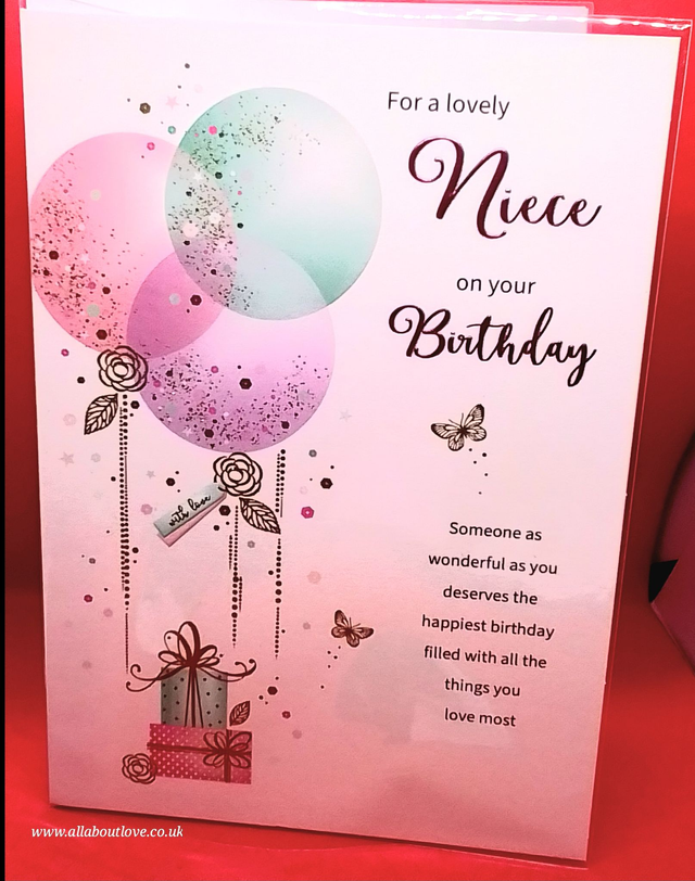Niece Birthday Card Modern Design Balloons and Gifts 