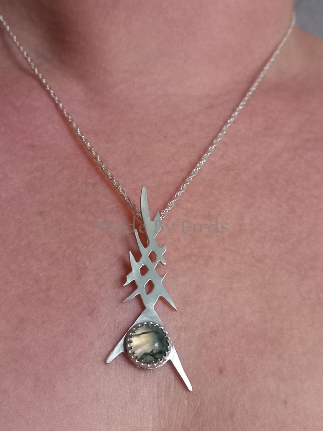 Moss Agate Water Drop Sterling Silver Pendant Necklace