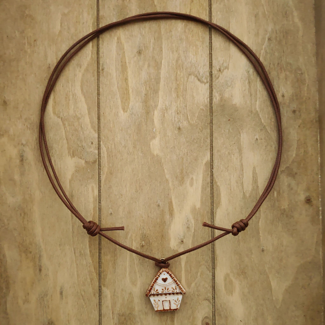 Rustic Ethno House Necklace - Air-Dry Clay Pendant Jewelry - Unisex Charm;
