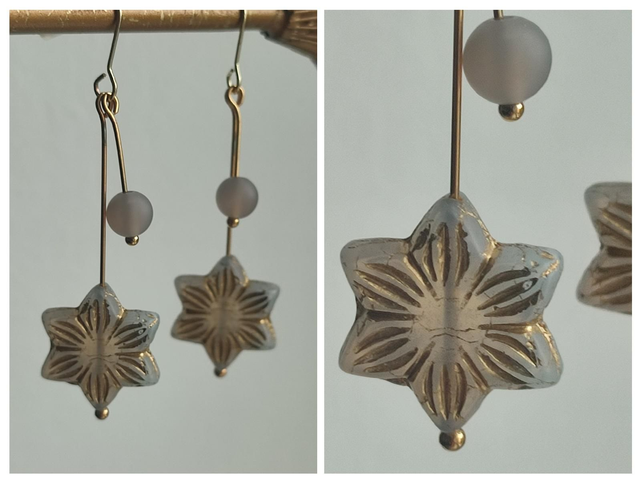 Étoiles et perles en verre gris et or, acier inoxydable doré -sans nickel, pièce unique 