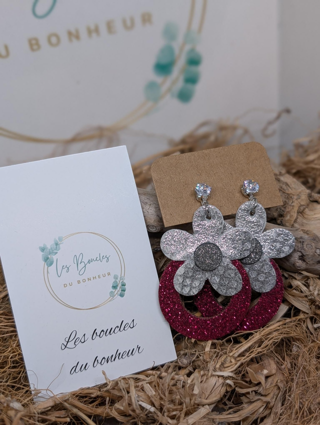 Boucles d'oreilles baby Marguerite framboise paillettes argenté bm1139 clips