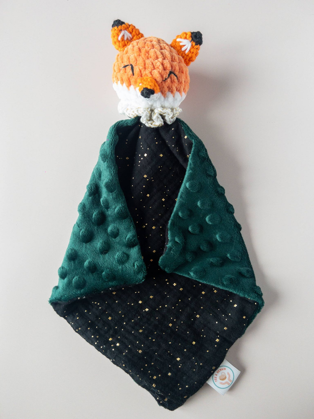 Doudou renard tissu noir et vert /collerette PHOSPHO