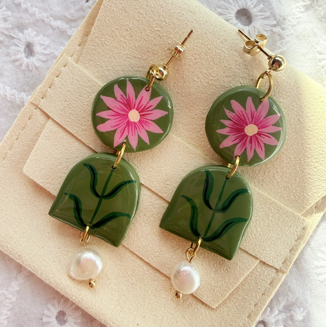Olive Green Pink Floral Pearl Drop Dangly Earrings