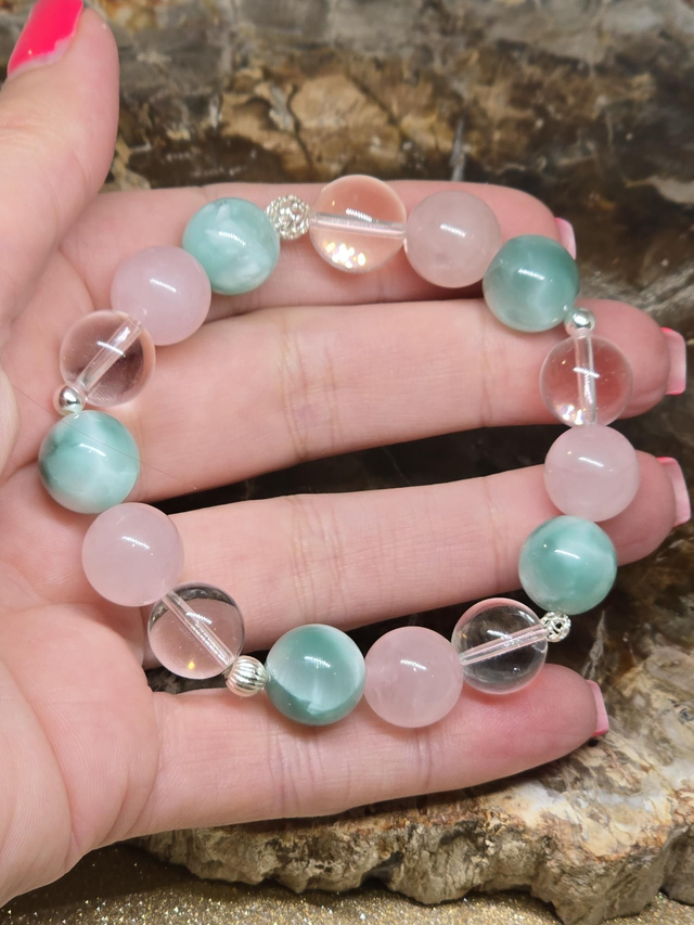 Bracelet Garniérite, Quartz rose, Cristal de roche XL en 1,2 cm