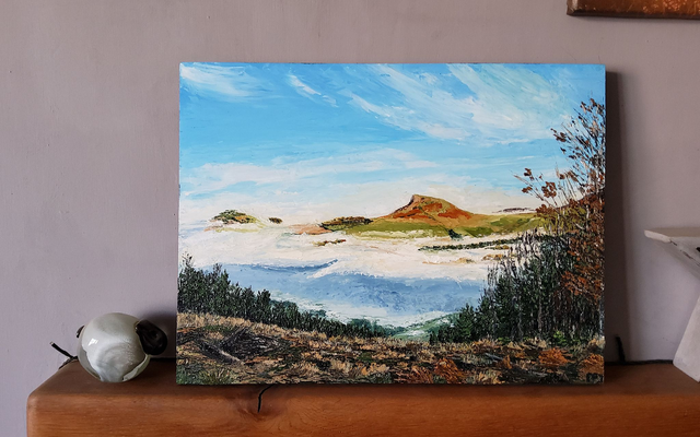 Cloud inversion over Gribdale, with Roseberry Topping in the distance. Original oil on 40x 30 cm wooden canvas. 