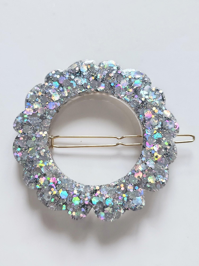 BARRETTE FLEUR PAILLETTES HOLOGRAPHIQUES ARGENT