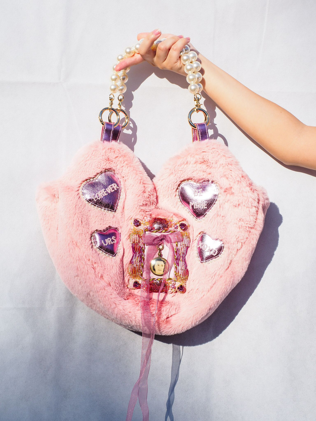 Sweetheart Locket Hand Embroidered Pink Faux Fur Bag