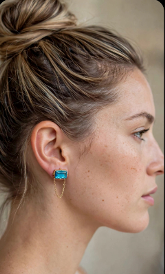 Boucles d'Oreilles BOHM Acier Inoxydable - Cristal Bleu Lagon Carré - Chaînette Dorée