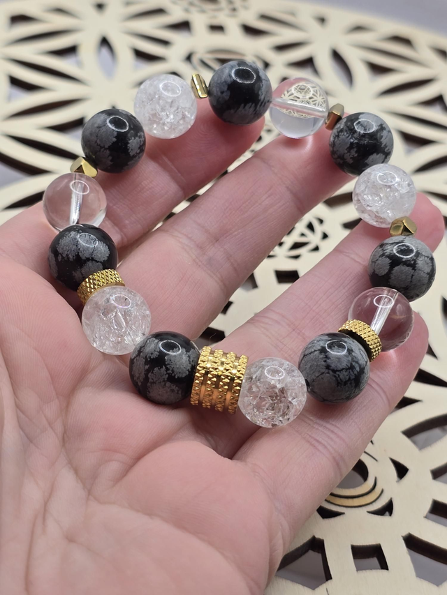 Bracelet Obsidienne flocon & Cristal de roche XL 1,2 cm