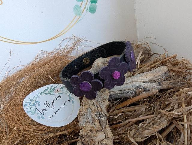 Bracelet adulte noir marguerite violet
