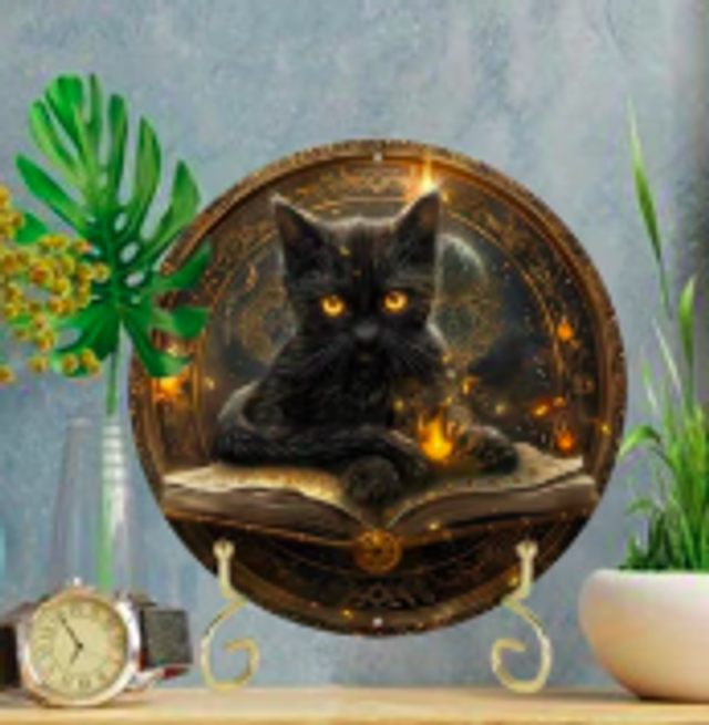 Wanddecoratie metalen bord Zwarte kat met boek 20cm diameter