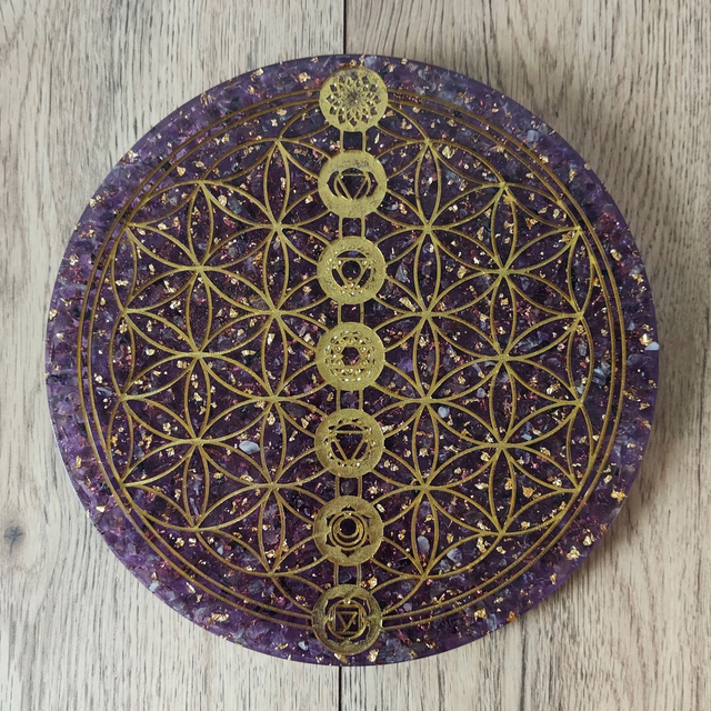 Orgonite plateau fleur de vie améthyste 