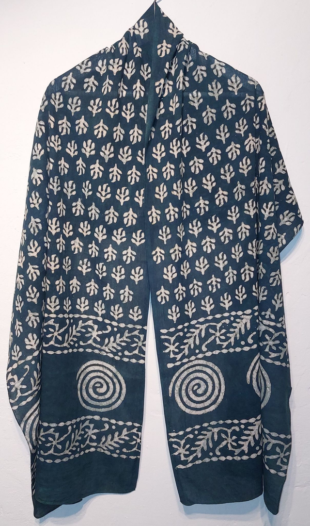 Étole, teinture naturelle verte, coton imprimé à la main, écharpe légère, indigo - Cadeau femme artisanal éthique 