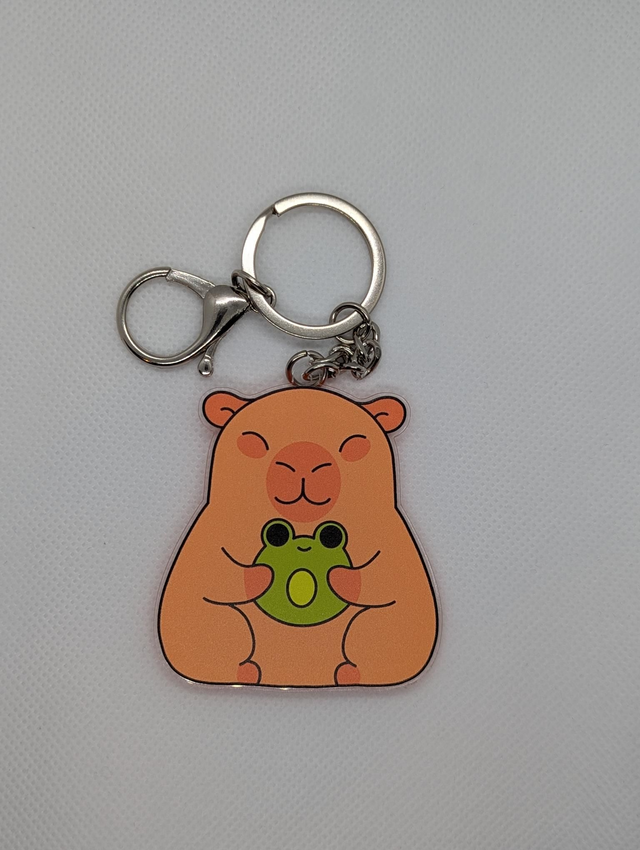 Capybara holding a frog keyring 
