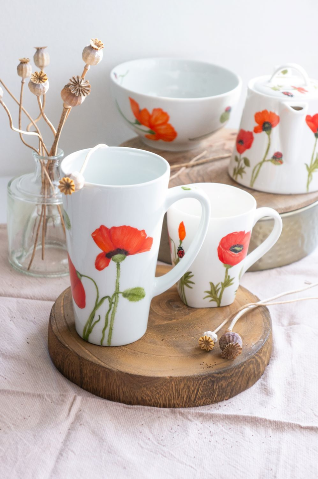 Mug XXL en porcelaine peint à la main, Coquelicots rouges orangés, tasse champêtre à personnaliser  