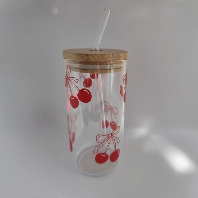 Cherry Glass Tumbler with Straw &amp; Bamboo Lid 