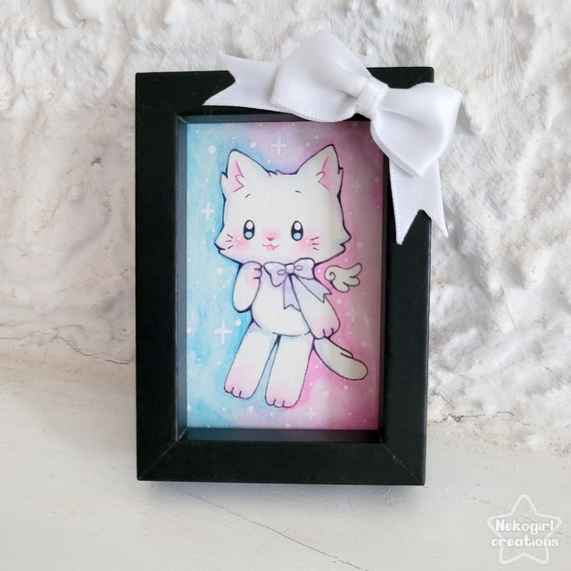 Mini dessin encadré - Chat rose et bleu