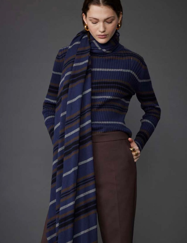 Navy Cotton Cashmere Extra Long Stripe Scarf
