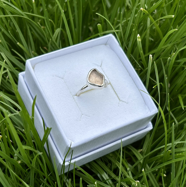 Pale Pink Seaglass & Recycled Silver Pinky Ring Size C