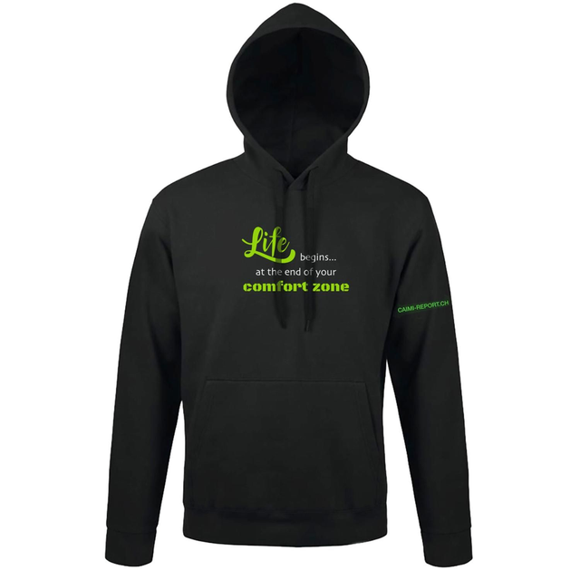 Hoodie, «Life begins...» neongrün/weiss