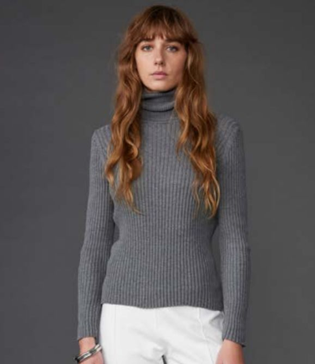 Grey Cotton/Cashmere Skinny Ribbed Roll Neck Sweater