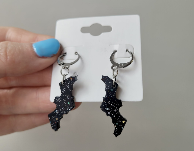 Earrings | Black Bats with Silver Glitter Sparkle | Stainless Steel Hoops