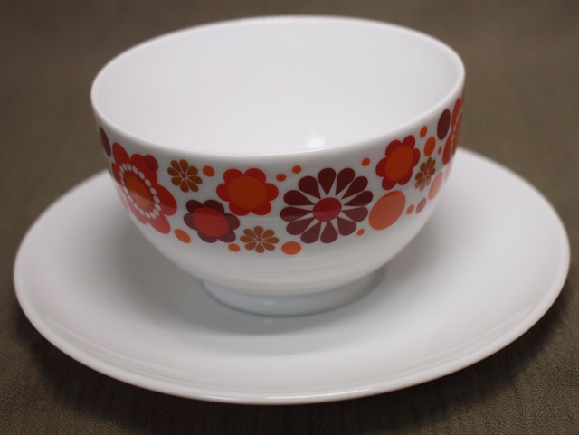 Schumann | Soepkom retro ontwerp met oranje en rode bloemen gedecoreerde soepkom met vaste schotel | Vintage