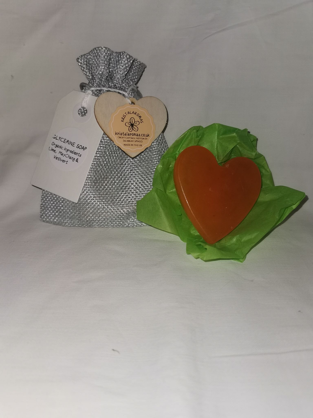 Glycerine Soap Heart Shaped (organic ingredients Lime, MayChang &amp; Vetivert) 30-40g approx