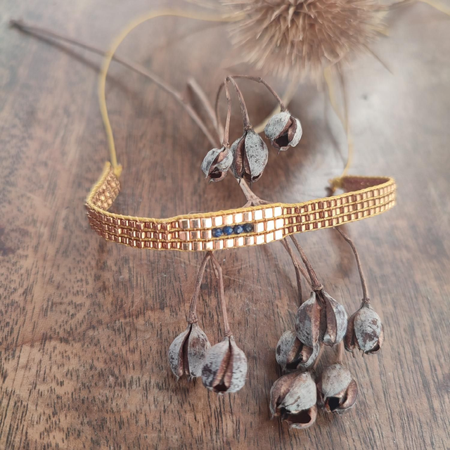 Bracelet lapis-lazuli et perles en verre miyuki dorées et cuivre, tissé main réglable et résistant, pièce unique 