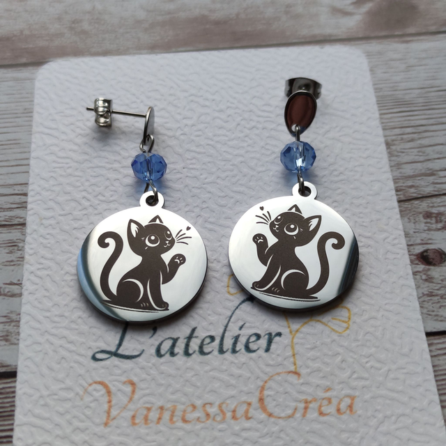 Boucles d&#039;Oreilles Chats Mignons et Cristal